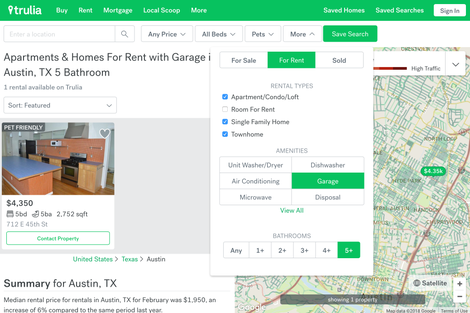 I can search for up to five or more bathrooms and display how bad traffic is, but I can’t specify how many garage spots I need on Trulia. I only get a single yes-box to click.